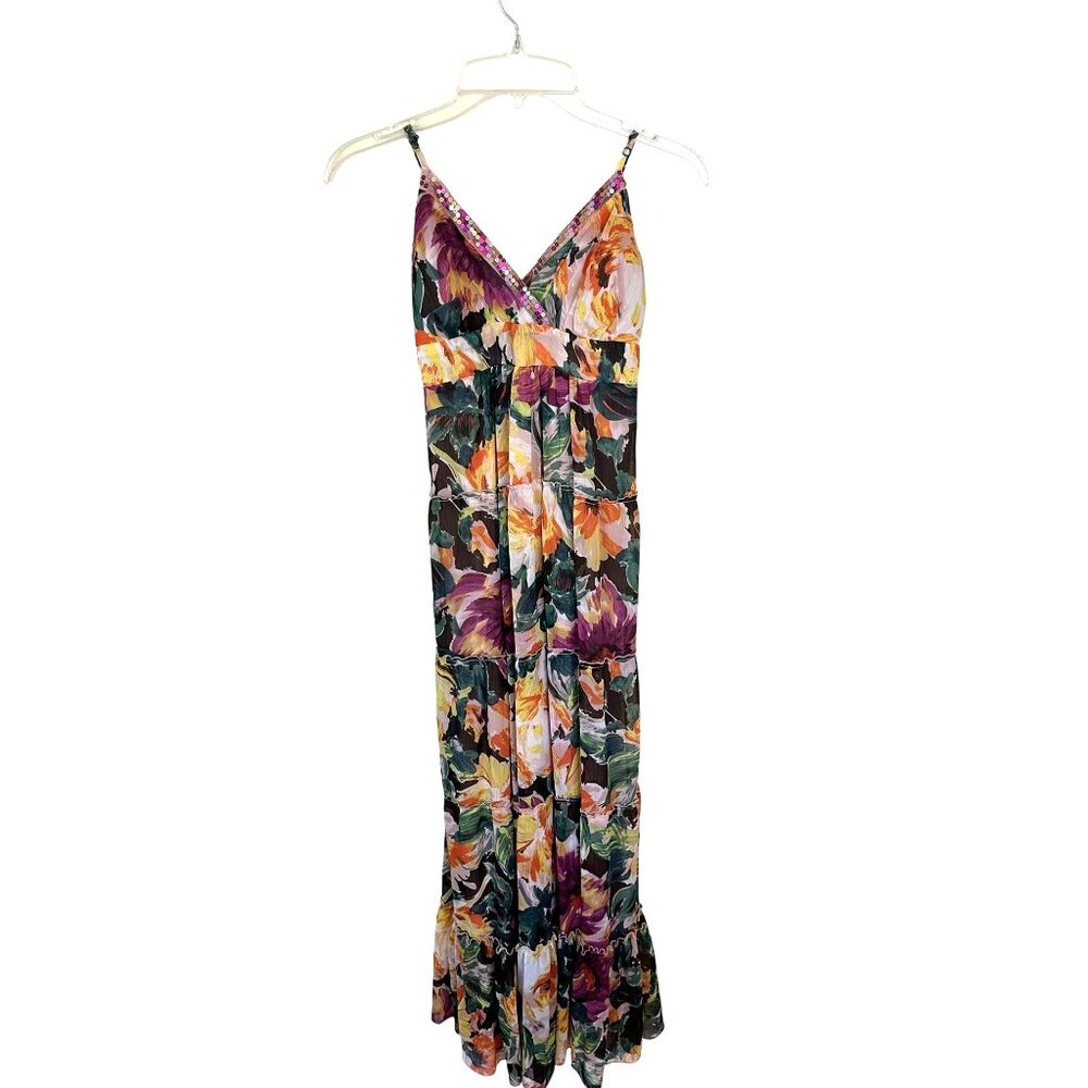 Candies Womens Floral Maxi Dress Sequin Small Tiered Pink Multicolor Wedding